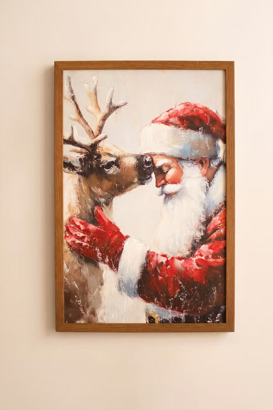 Framed Santa with Deer Painting