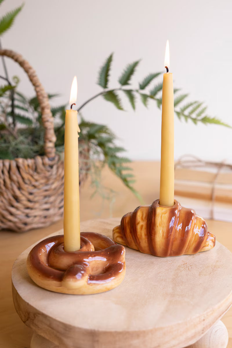 Set of 2 Ceramic Pretzel and Croissant Candleholders