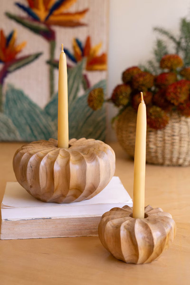 Set of 2 Carved Teakwood Pumpkins Taper Candleholders
