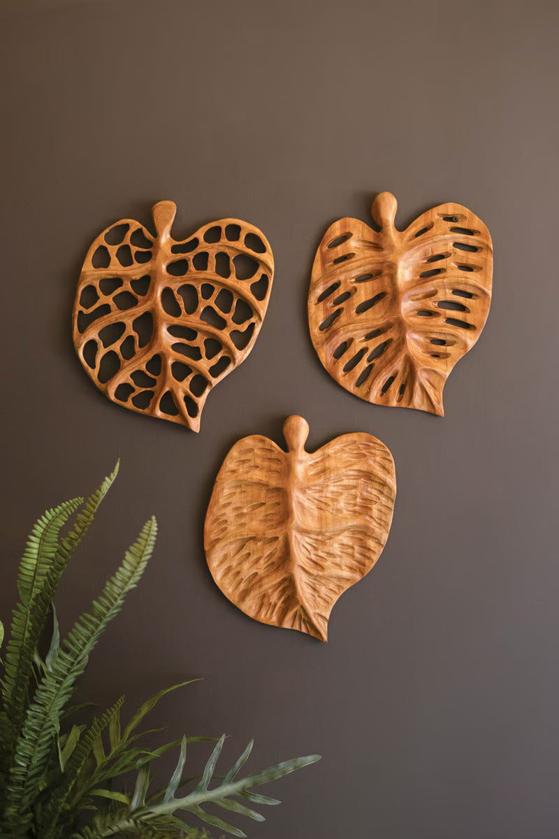 Set of 3 Carved Teakwood Leaves Wall Art