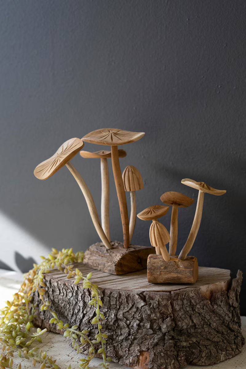 Set of 2 Hand-Carved Teakwood Mushroom Clusters