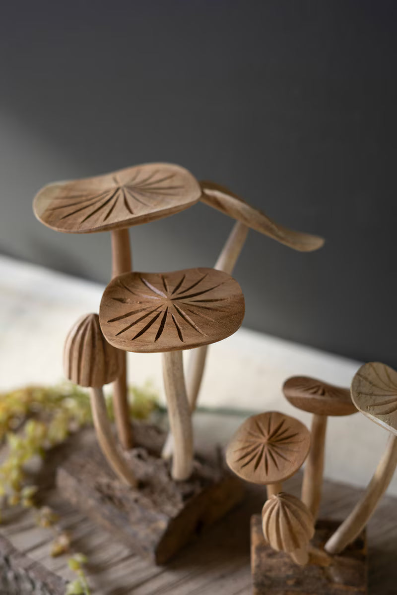 Set of 2 Hand-Carved Teakwood Mushroom Clusters