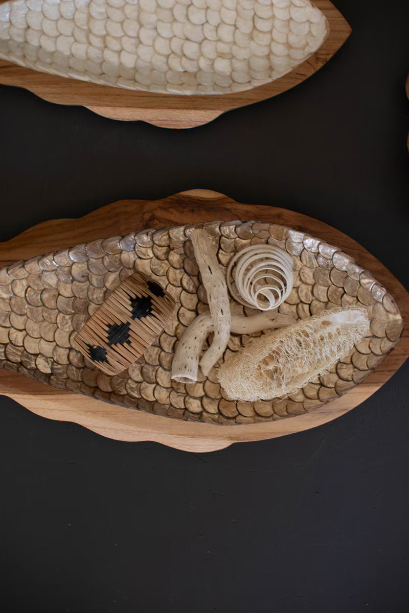 Set of 2 Carved Teak Fish with Capiz Detail