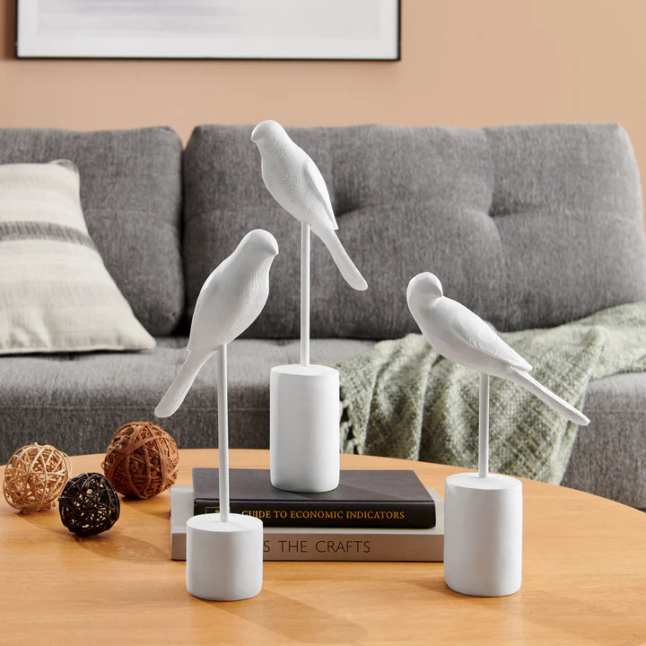 Ren Bird Perched White Ornament Decorative Accent Sculpture Figurines - Set of 3