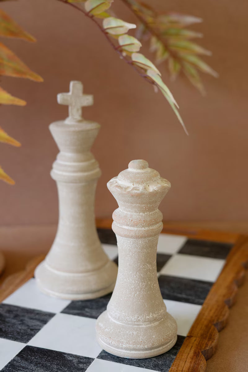 Set of 2 Grey-Wash Clay Chess Pieces