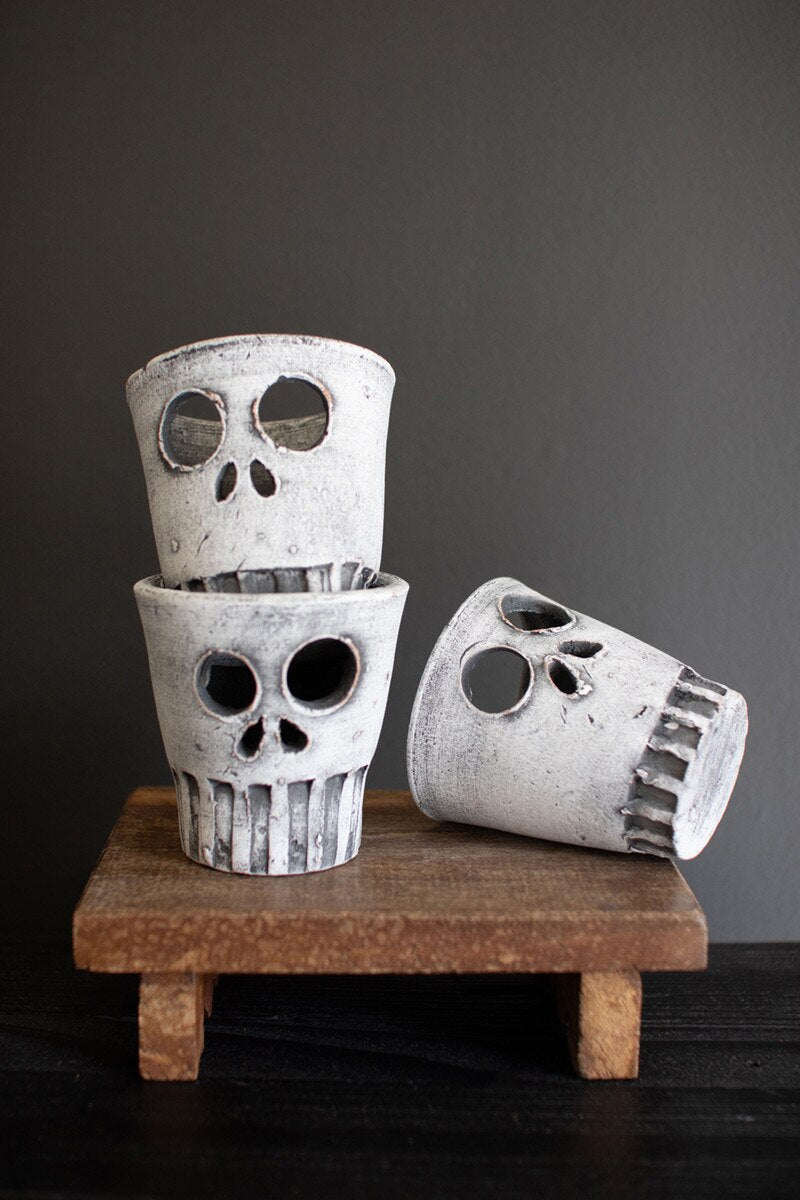 Set of 3 Clay Halloween Skull Votive Holders