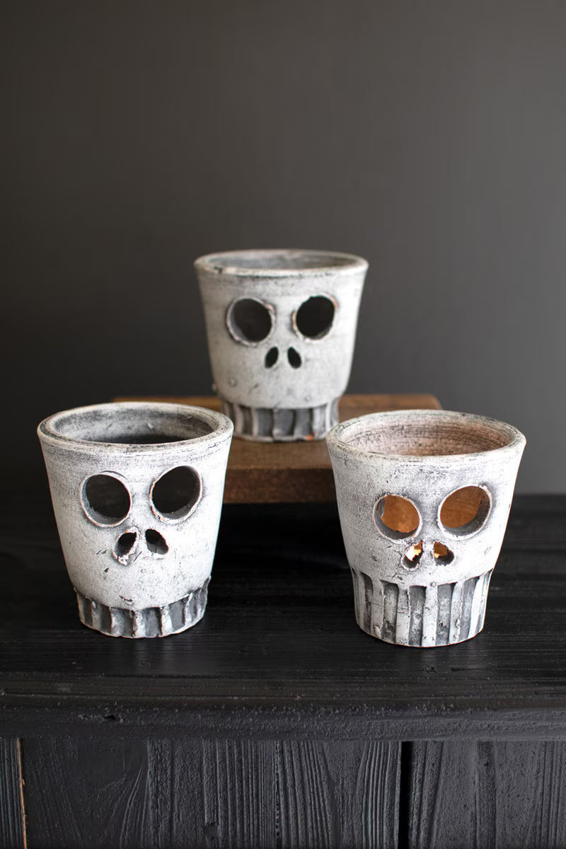 Set of 3 Clay Halloween Skull Votive Holders