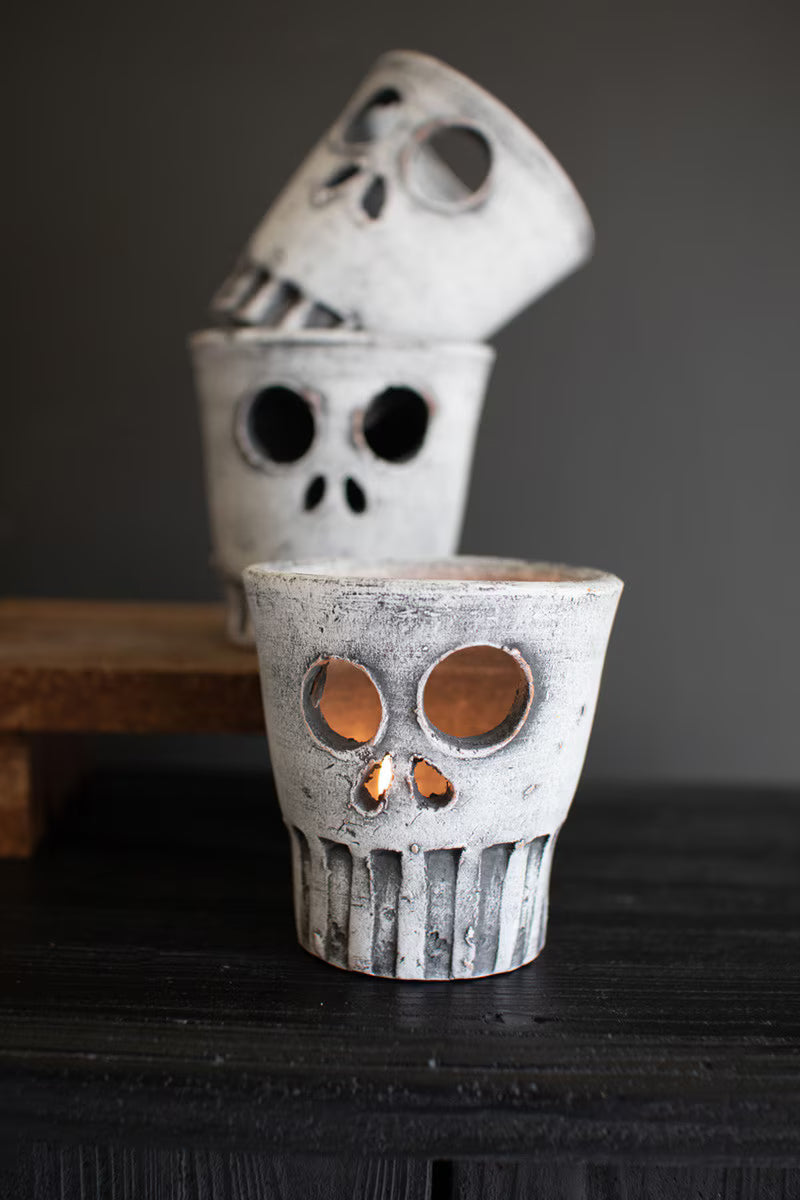 Set of 3 Clay Halloween Skull Votive Holders