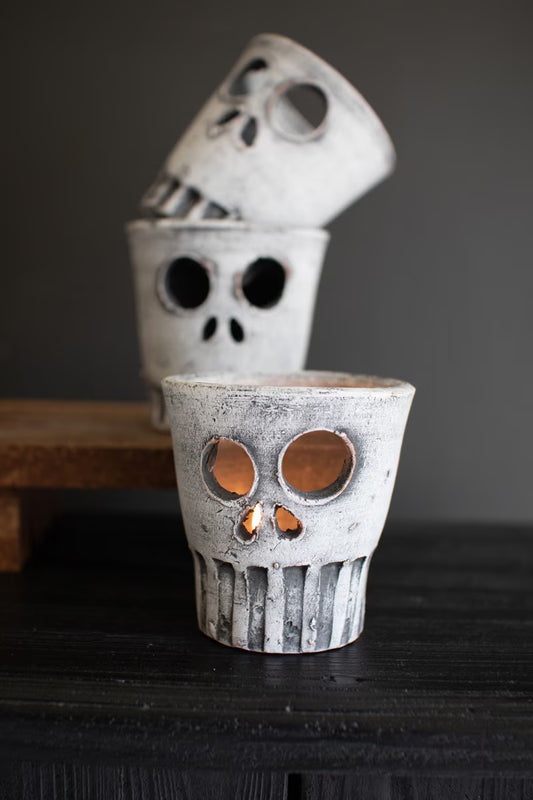 Set of 3 Clay Halloween Skull Votive Holders