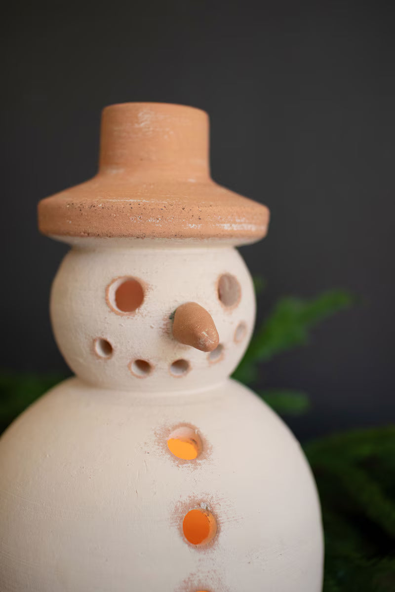 Ivory and Terracotta Snowman Luminary with Hat