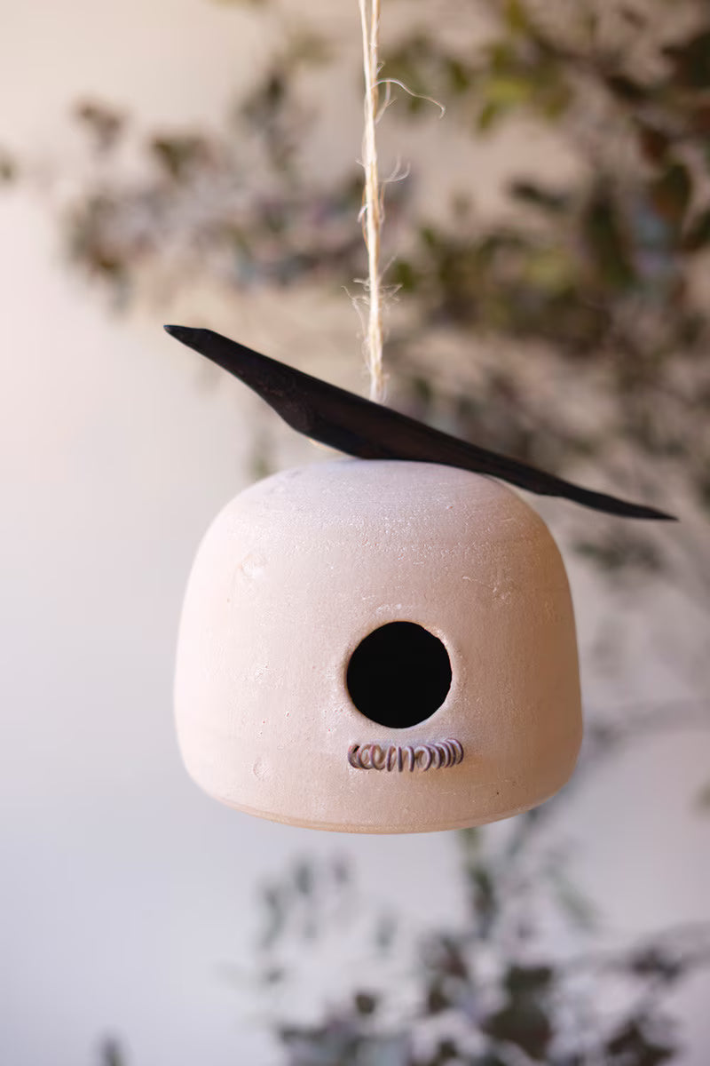 Hanging Clay Birdhouse with Carved Wooden Bird Detail