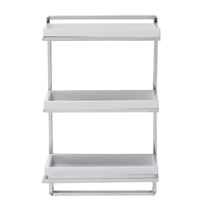Wall Mount 3-Tier White and Chrome Bathroom Shelf with Towel Bar and Removable Trays