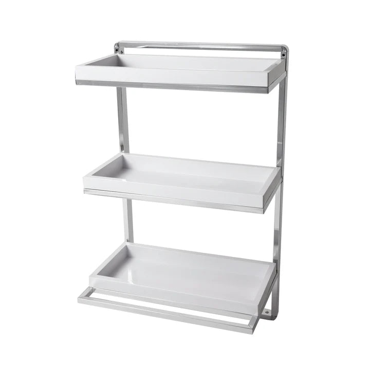 Wall Mount 3-Tier White and Chrome Bathroom Shelf with Towel Bar and Removable Trays