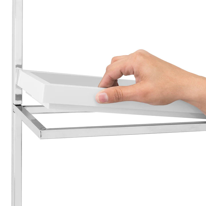 Wall Mount 3-Tier White and Chrome Bathroom Shelf with Towel Bar and Removable Trays
