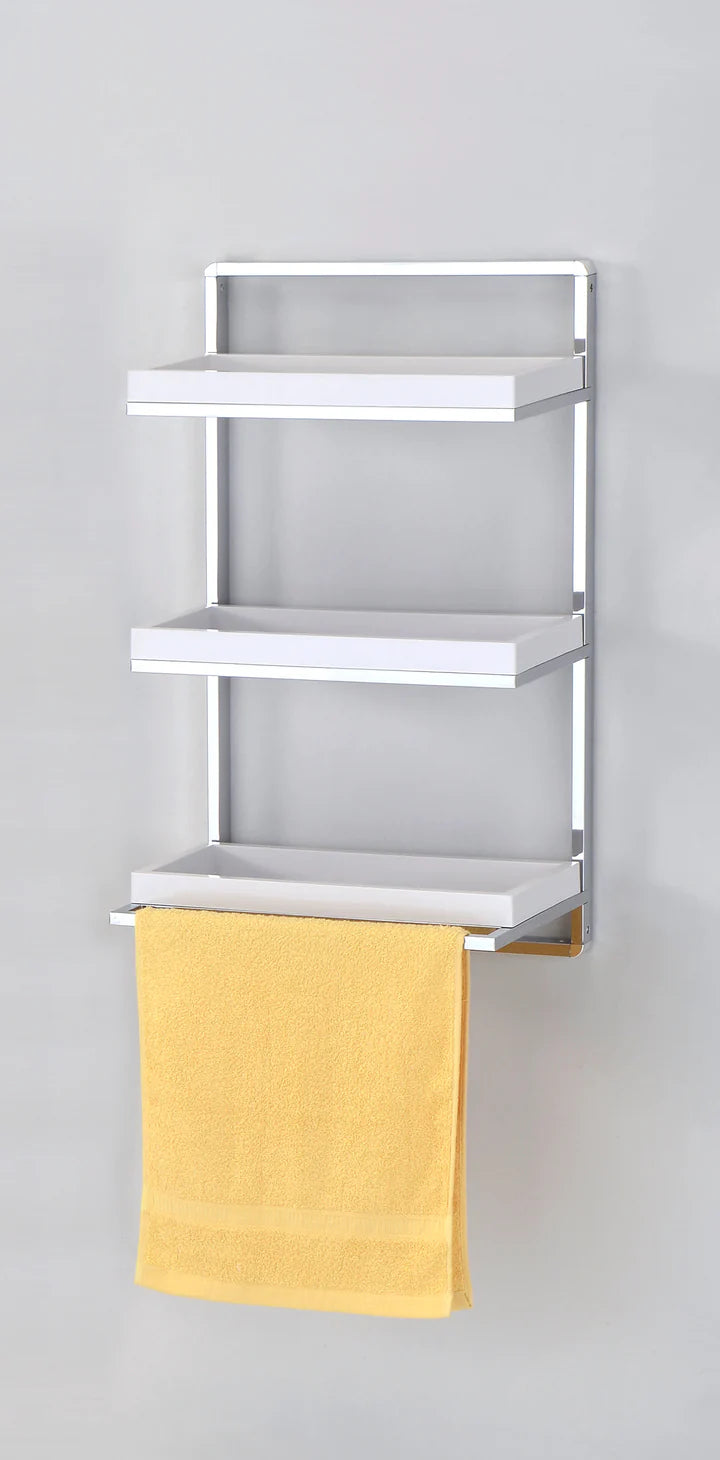 Wall Mount 3-Tier White and Chrome Bathroom Shelf with Towel Bar and Removable Trays