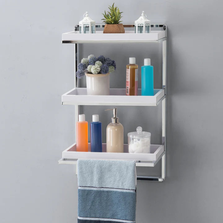 Wall Mount 3-Tier White and Chrome Bathroom Shelf with Towel Bar and Removable Trays