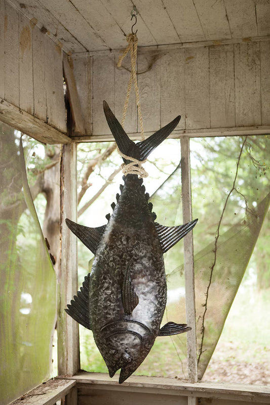 Recycled Hand-hammered Metal 3 Dimensional Tuna with Sisal Rope