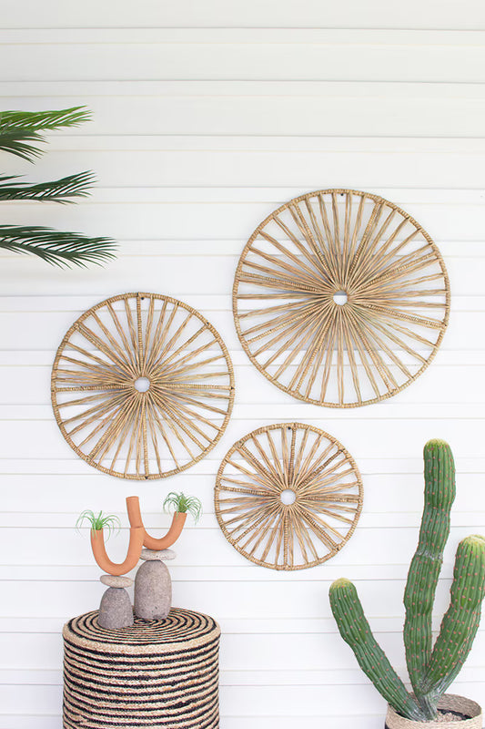 Set of 3 Spoked Seagrass and Iron Wall Art
