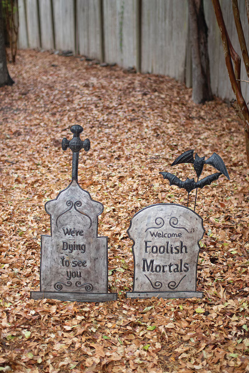 Set of 2 Hand-Hammered Painted Metal Tombstone Yard Stakes