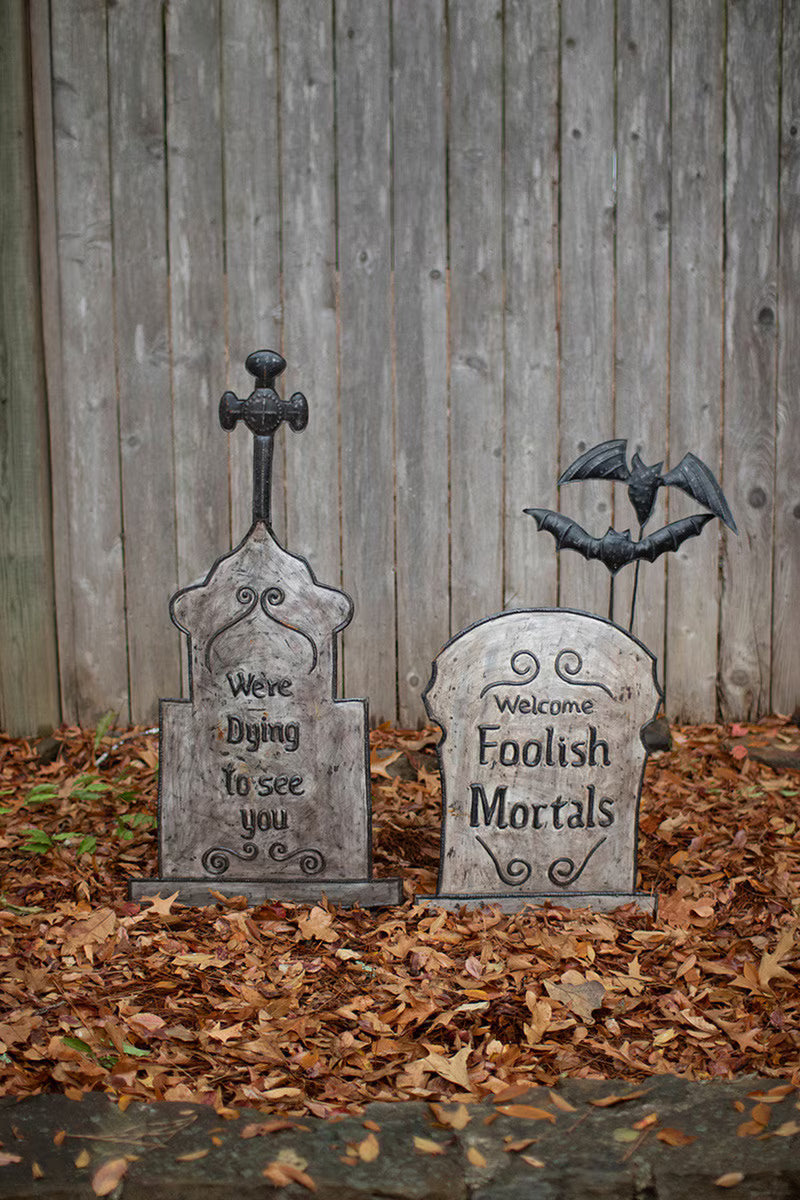 Set of 2 Hand-Hammered Painted Metal Tombstone Yard Stakes