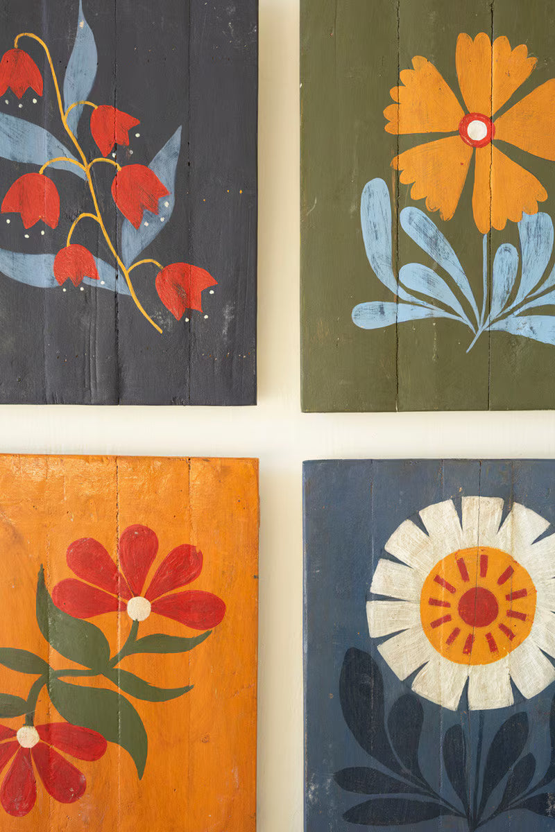 Hand-Painted Florals on Recycled Wood Set of 4