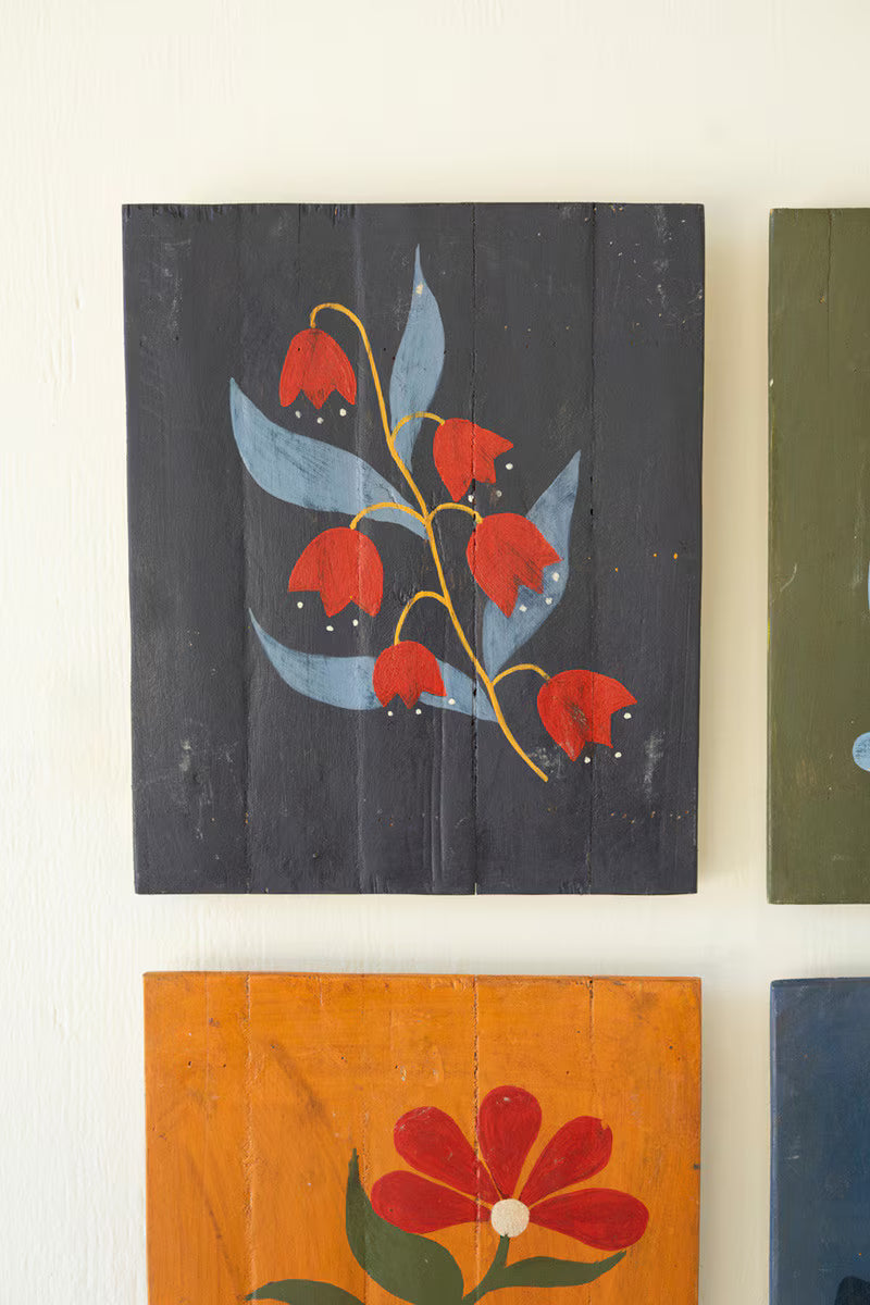 Hand-Painted Florals on Recycled Wood Set of 4