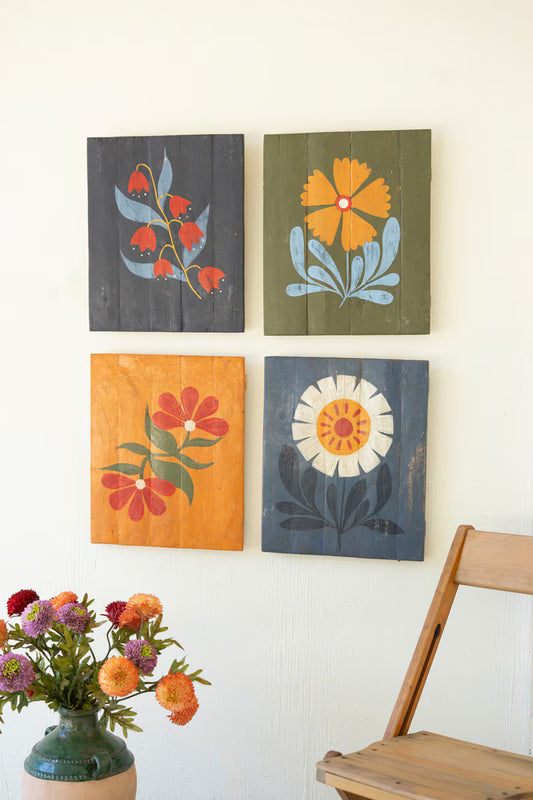 Hand-Painted Florals on Recycled Wood Set of 4