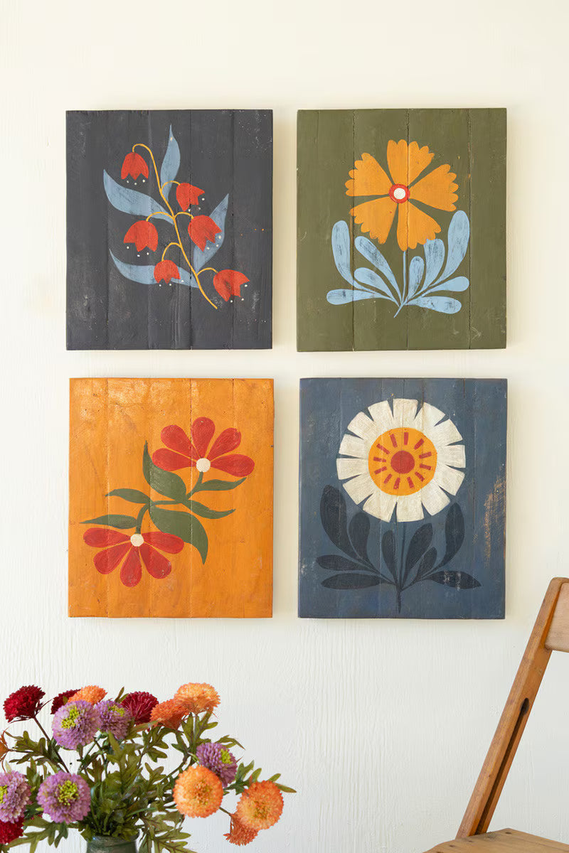 Hand-Painted Florals on Recycled Wood Set of 4