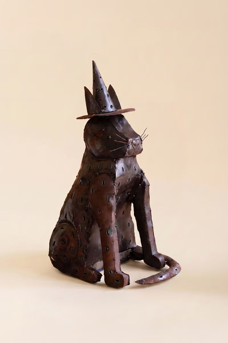 Rustic Iron Cat with Witch Hat Luminary