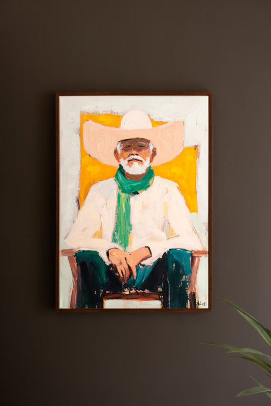 Framed Sitting Cowboy Painting