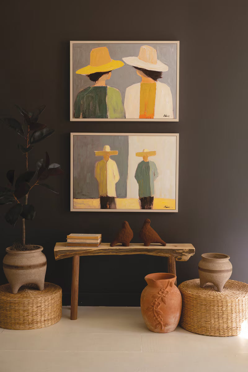 Set of 2 Framed Men and Women in Hats Paintings