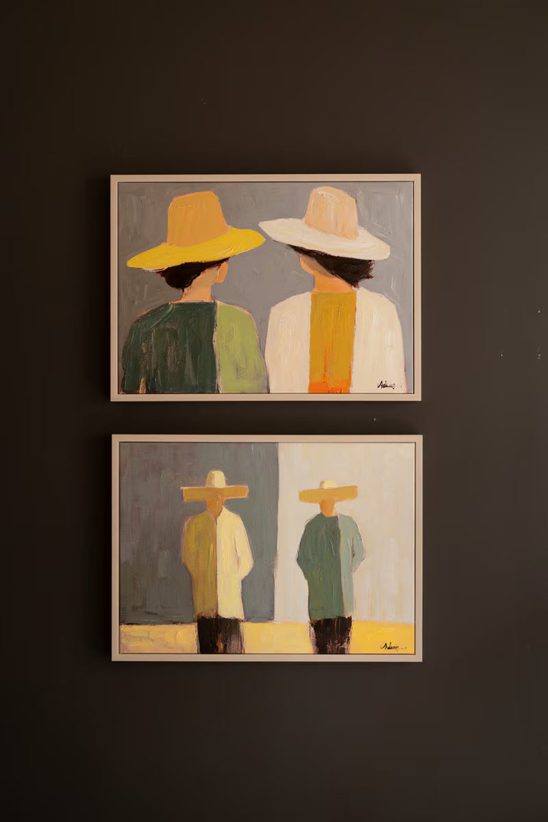 Set of 2 Framed Men and Women in Hats Paintings