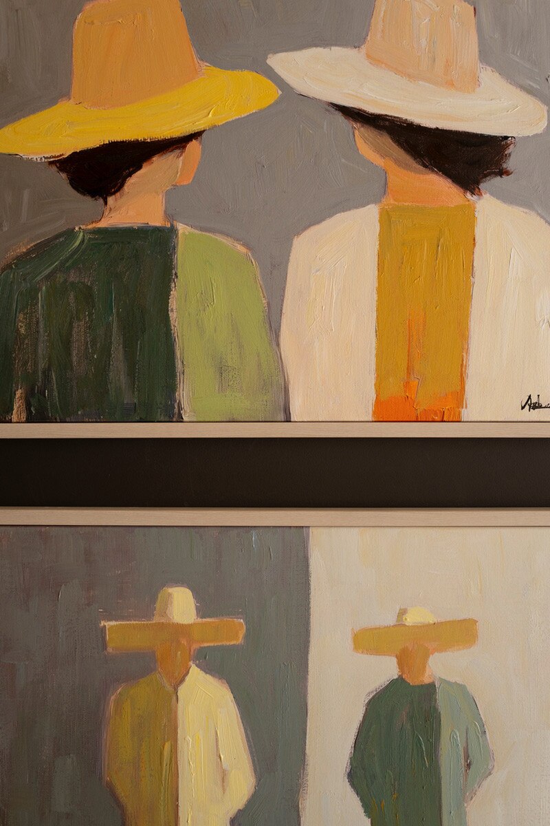 Set of 2 Framed Men and Women in Hats Paintings