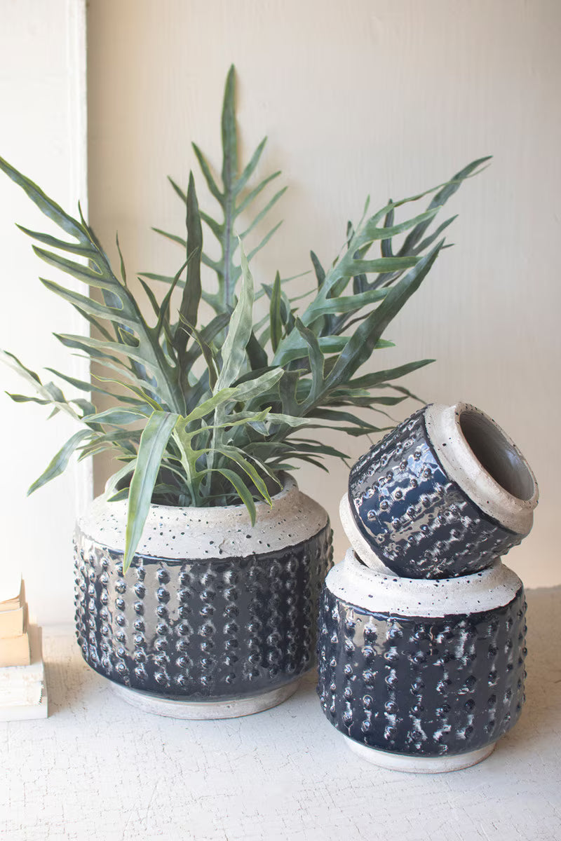 Set of 3 Dark Blue Knobby Ceramic Pots