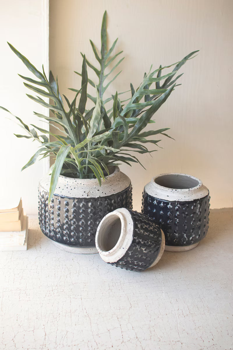 Set of 3 Dark Blue Knobby Ceramic Pots