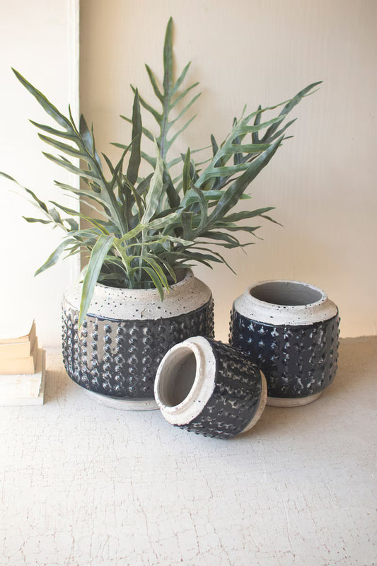 Set of 3 Dark Blue Knobby Ceramic Pots