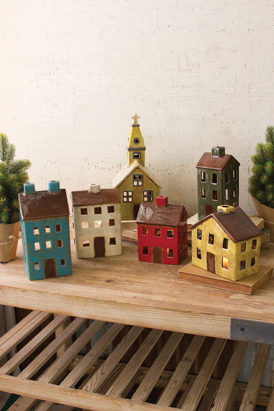 Set of 6 Colorful Ceramic Village Luminaries