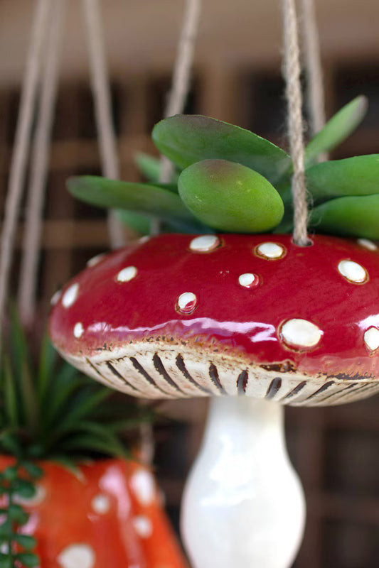 Set of 2 Ceramic Toadstool Hanging Planters
