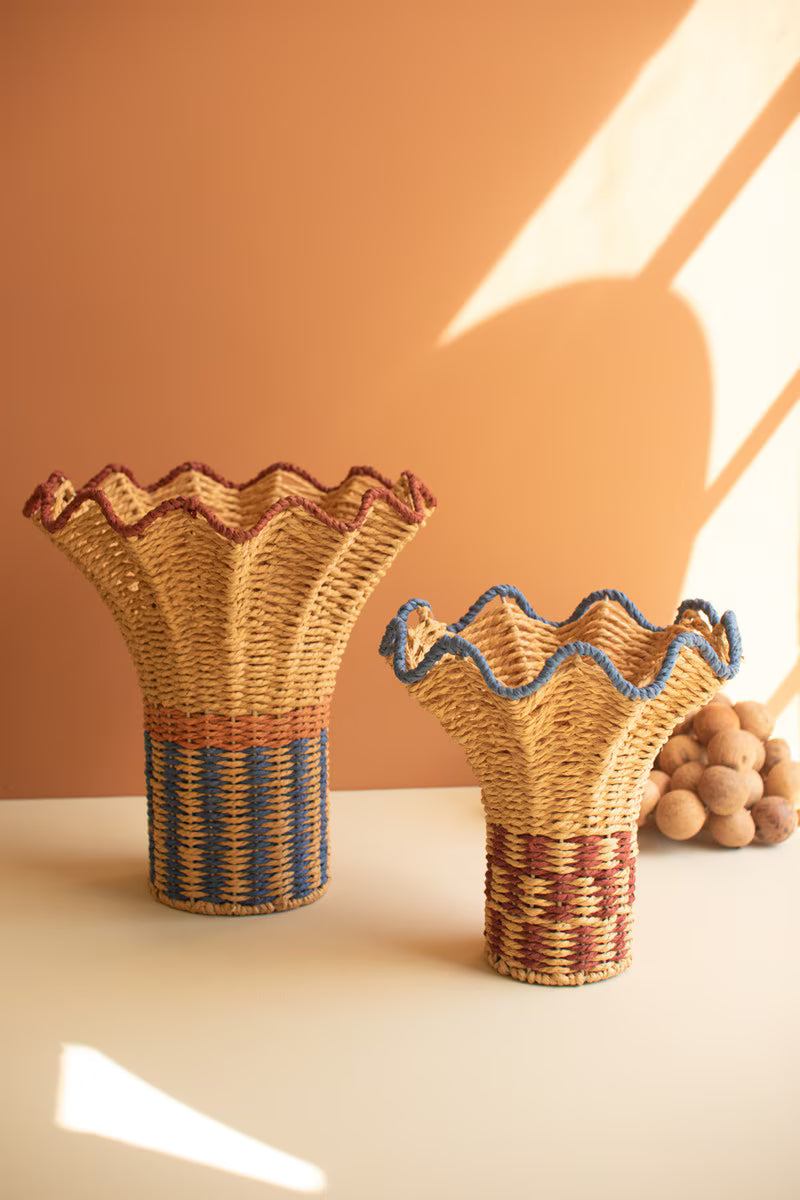 Set of 2 Twisted Paper Vases with Ruffled Rims