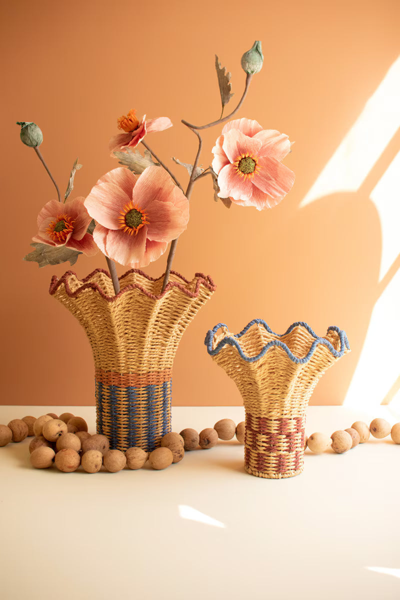 Set of 2 Twisted Paper Vases with Ruffled Rims