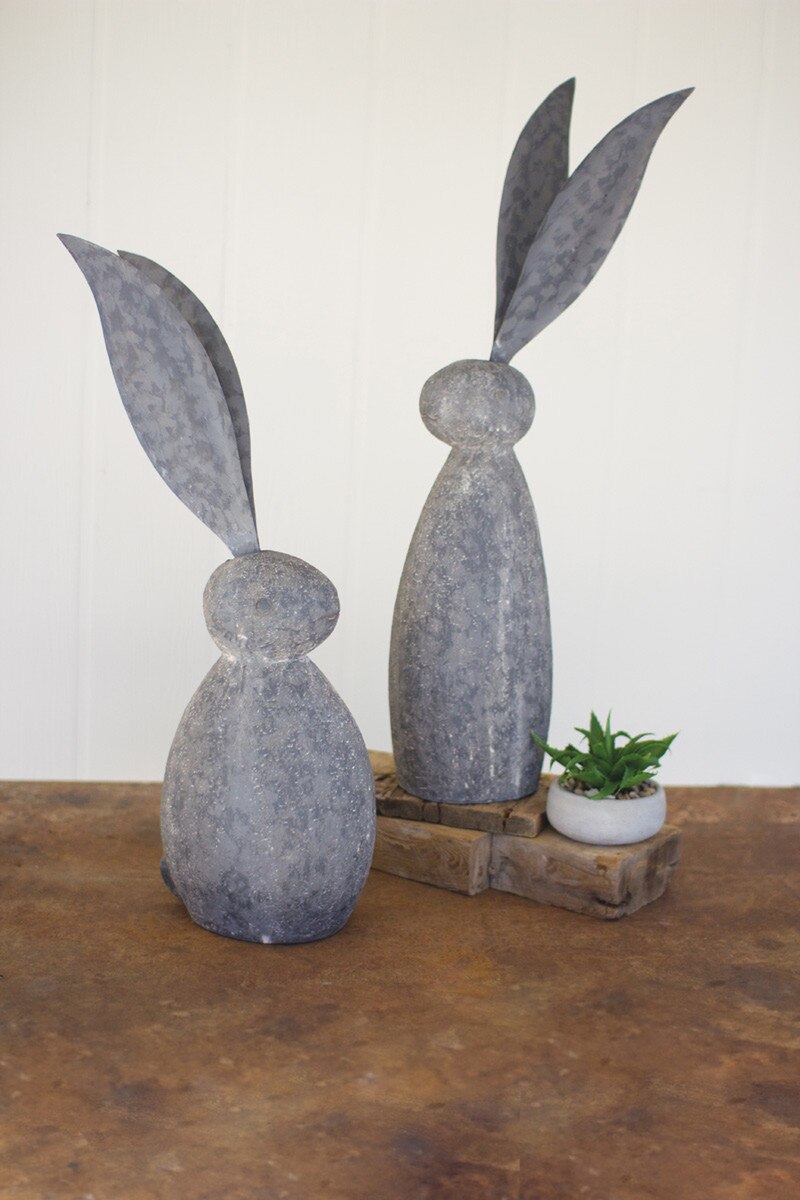 Tall Faux Stone Rabbit with Tall Metal Ears