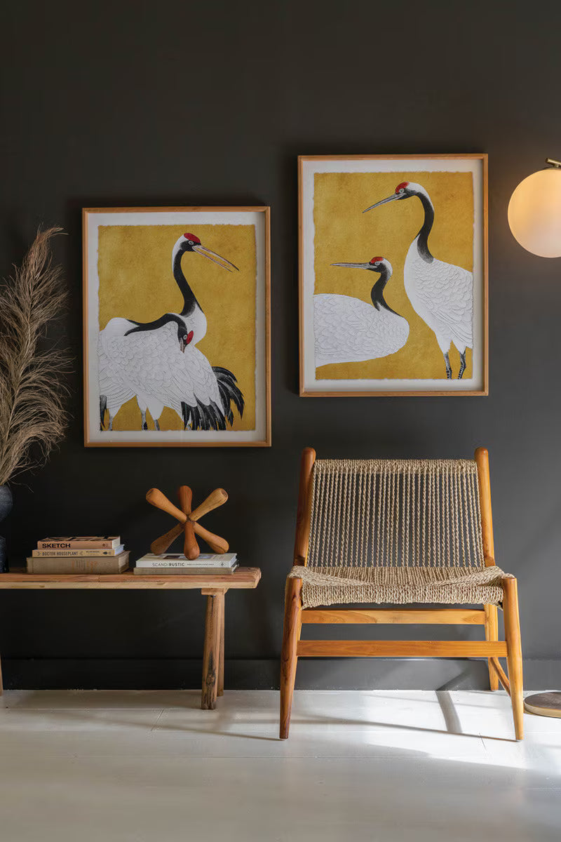 Set of 2 Framed Black White and Red Herons Prints Under Glass