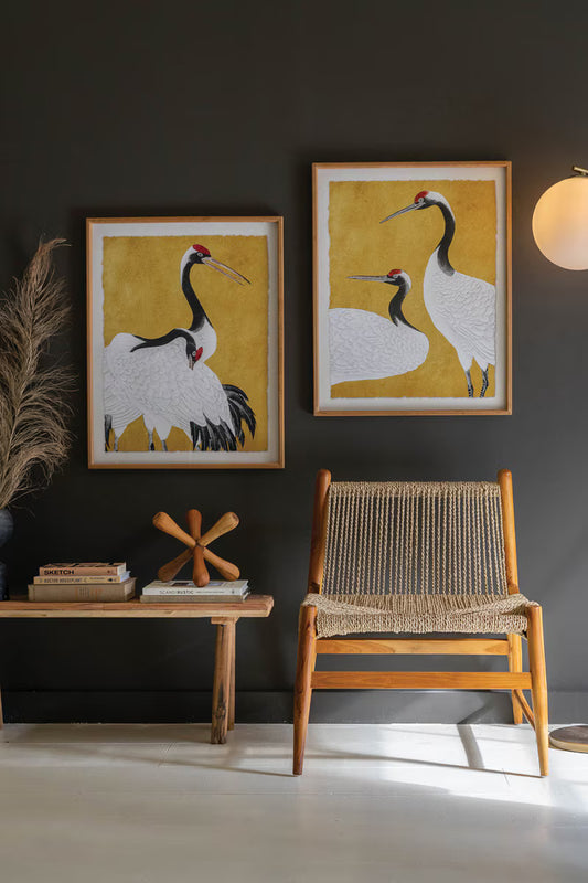 Set of 2 Framed Black White and Red Herons Prints Under Glass