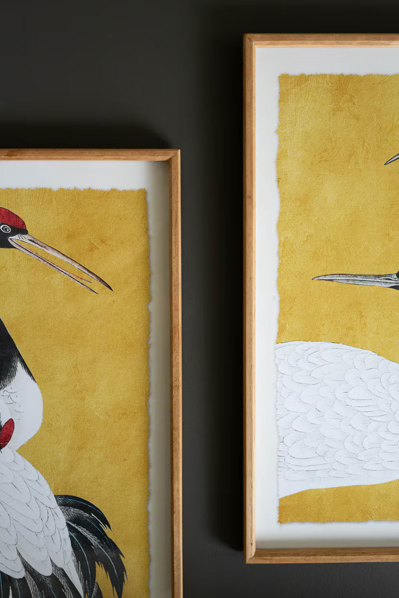 Set of 2 Framed Black White and Red Herons Prints Under Glass