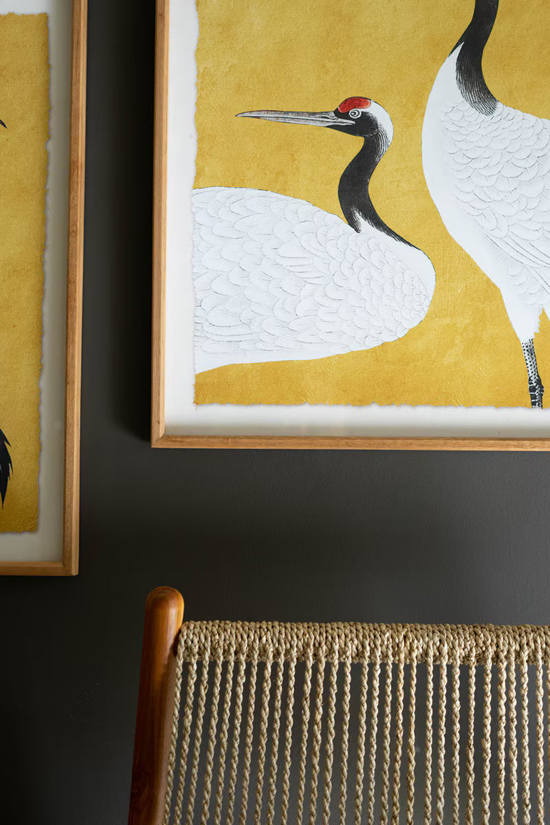 Set of 2 Framed Black White and Red Herons Prints Under Glass
