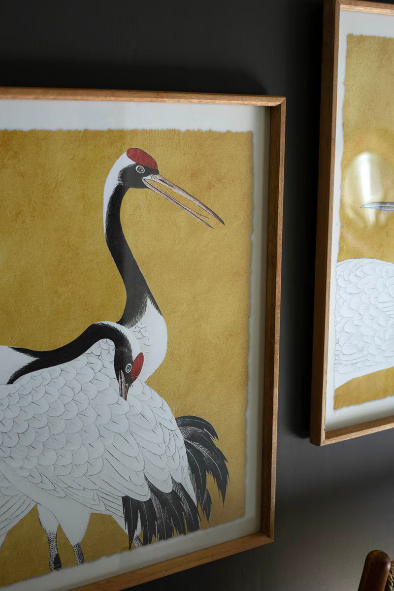 Set of 2 Framed Black White and Red Herons Prints Under Glass