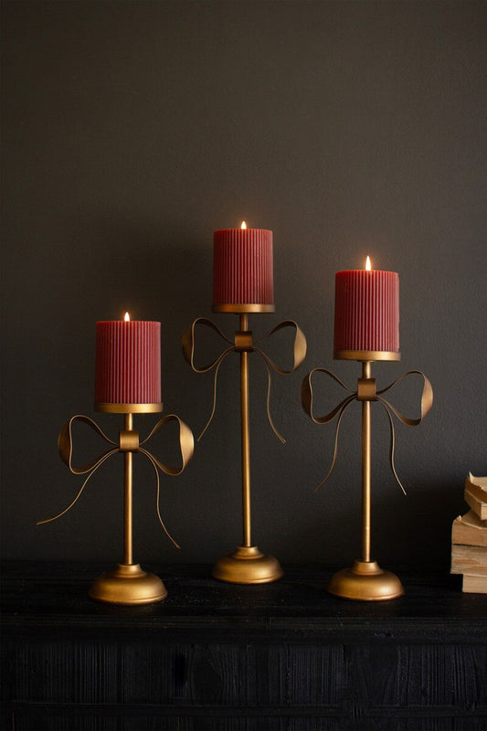 Set of 3 Antique Brass Pillar Candle Stands with Bow Detail