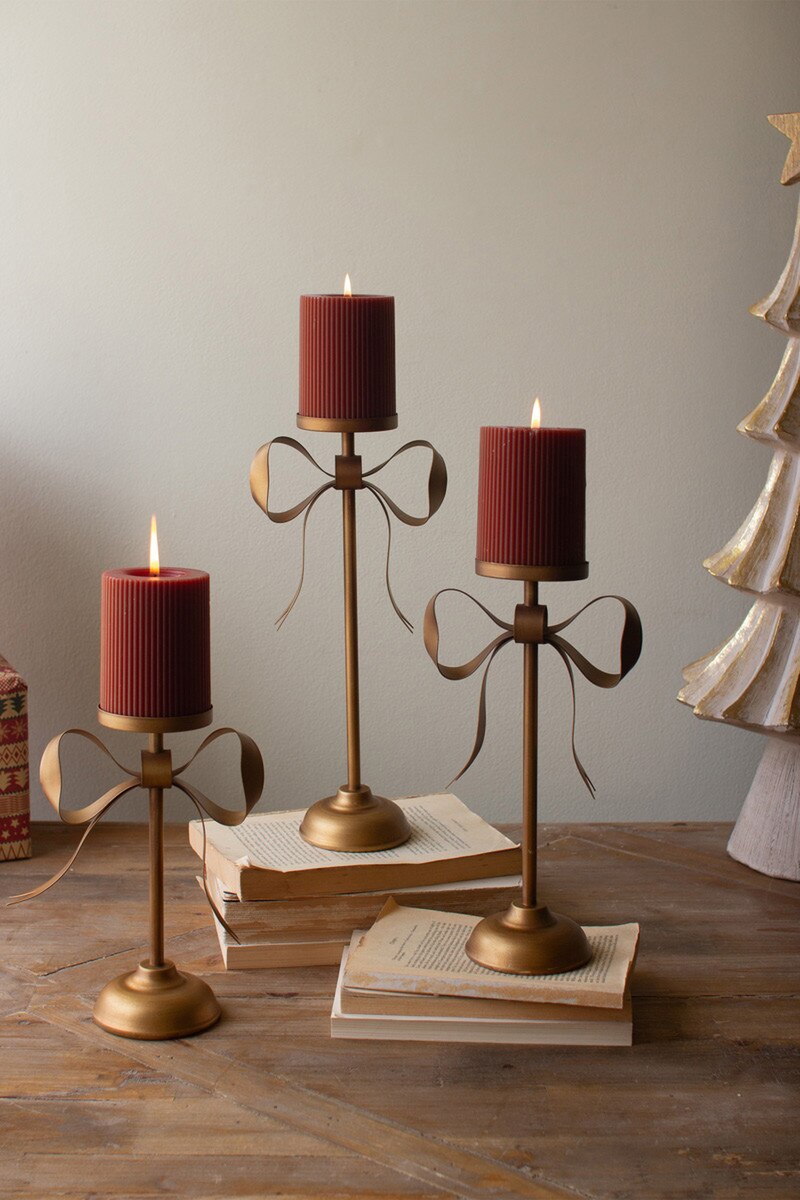 Set of 3 Antique Brass Pillar Candle Stands with Bow Detail
