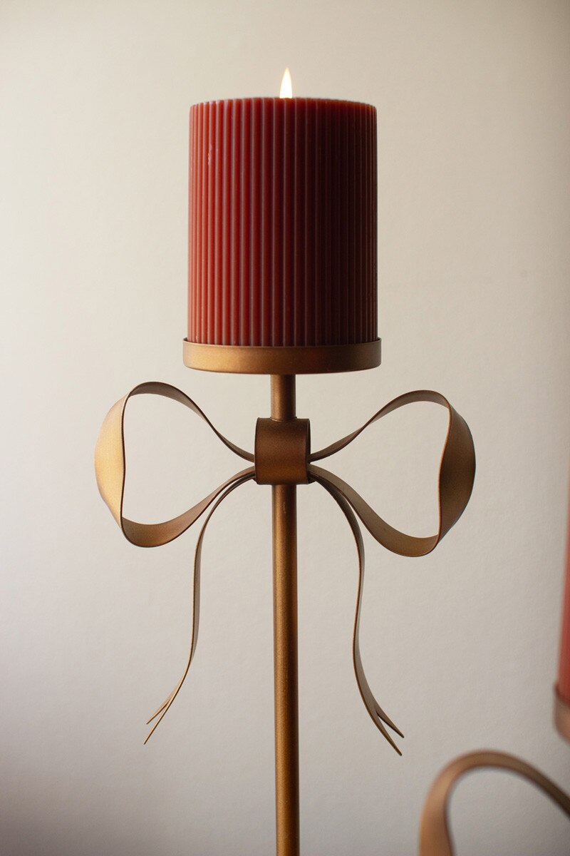 Set of 3 Antique Brass Pillar Candle Stands with Bow Detail