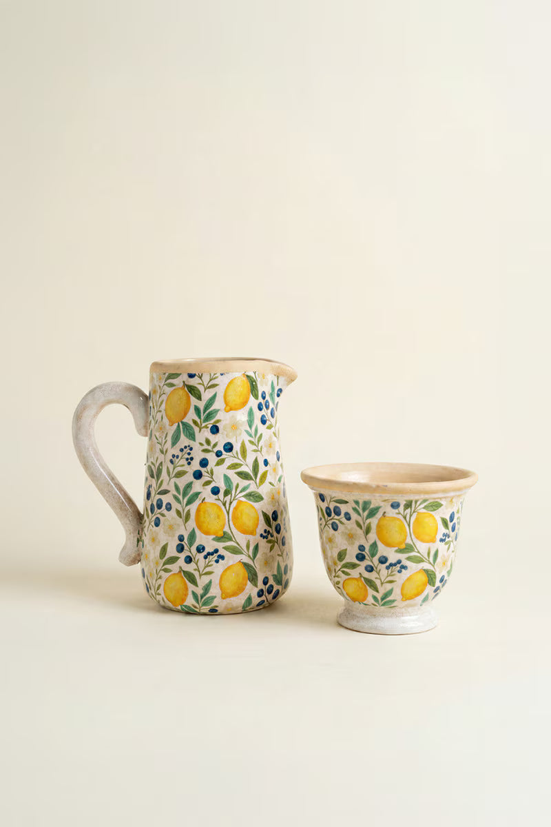 Set of 2 Cement Pitcher and Planter with Lemons